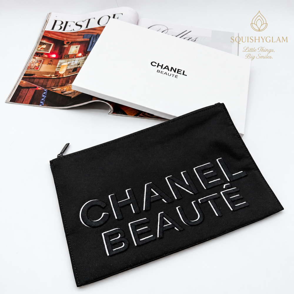 Chanel Beaute Black Canvas Pouch Clutch Cosmetic Makeup Bag Logo New with Box